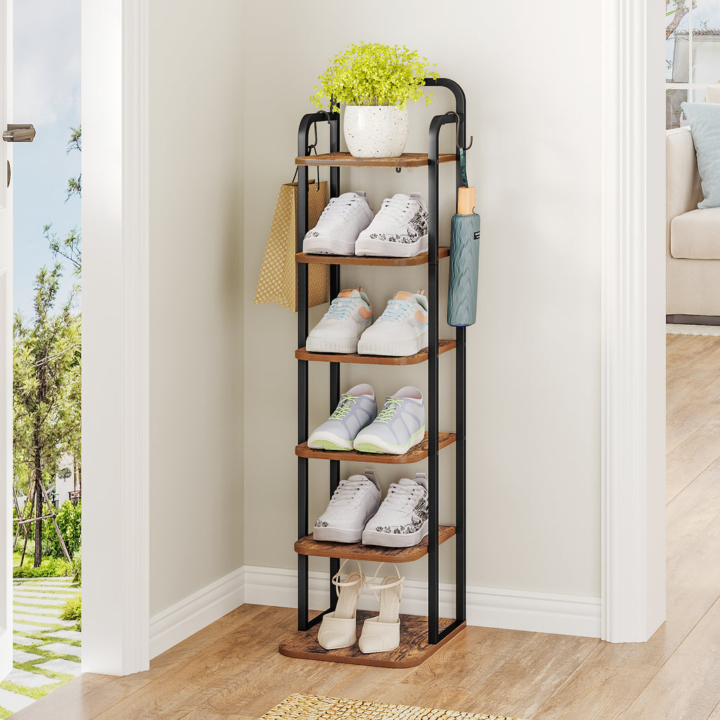 Hzuaneri Vertical Shoe Rack, 6-Tier Shoe Shelves, Wooden Shoe Organizer for Closet, Entryway, Rustic Brown and Black
