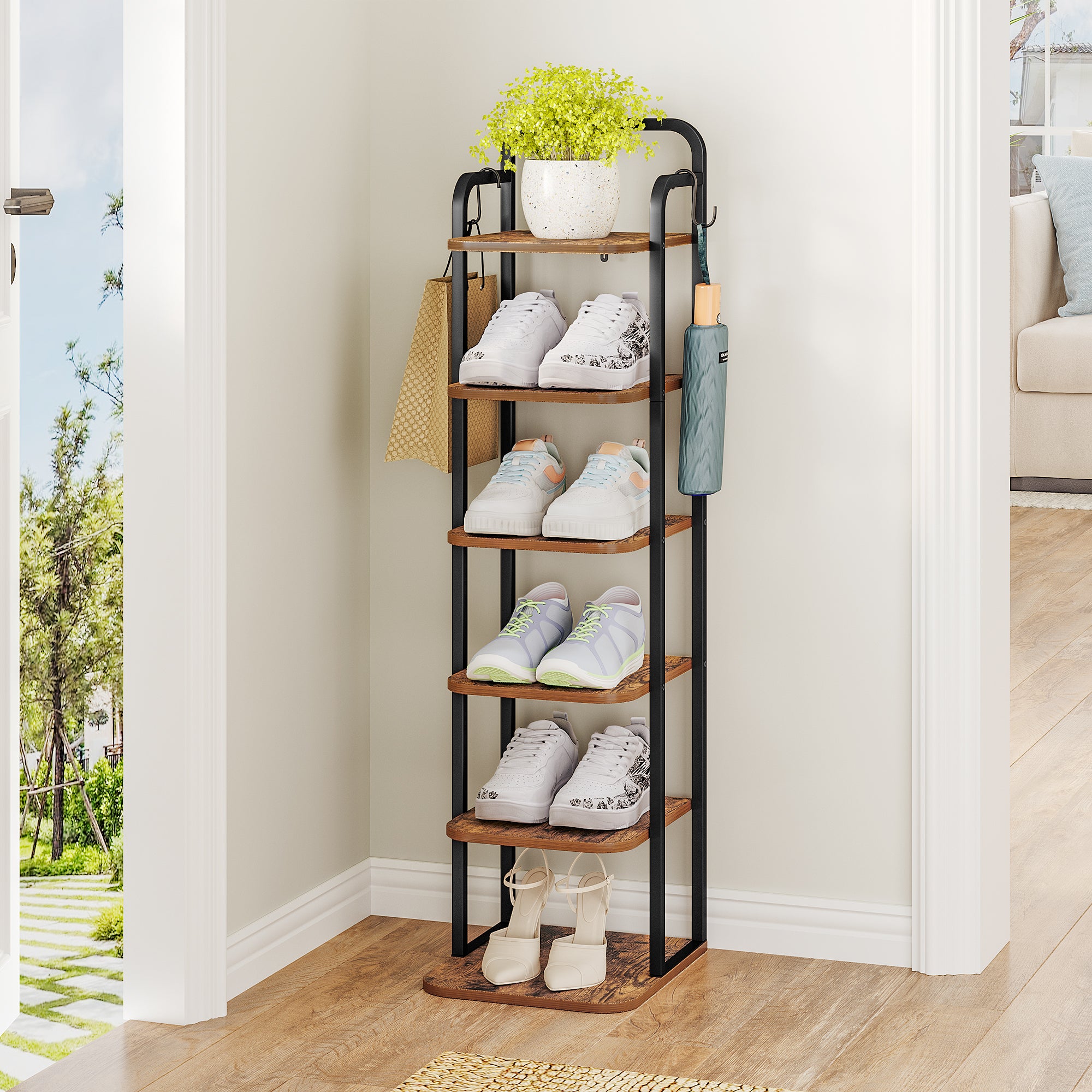 Hzuaneri Vertical Shoe Rack, 6-Tier Shoe Shelves, Wooden Shoe Organizer for Closet, Entryway, Rustic Brown and Black