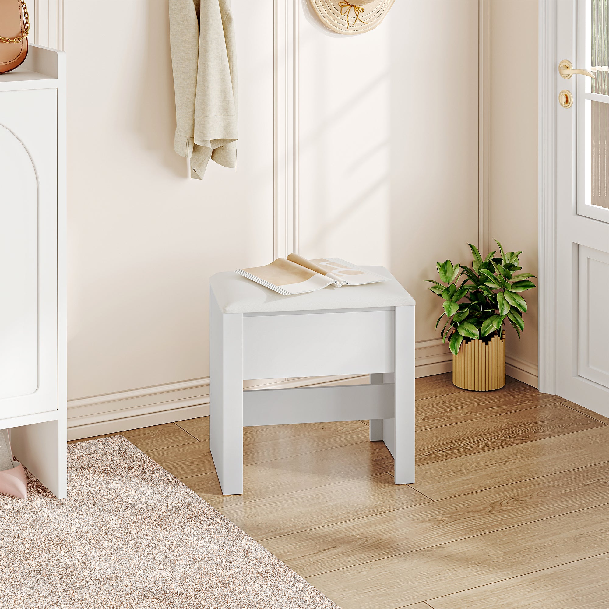 HEXCELEN Vanity Stool, Padded Seating Stool, Makeup Stool with Non-Slip Foot Pads, Suitable for Dressing Room, Bedroom, Entrance Area, 30 x 40 x 44 cm, White，004103X