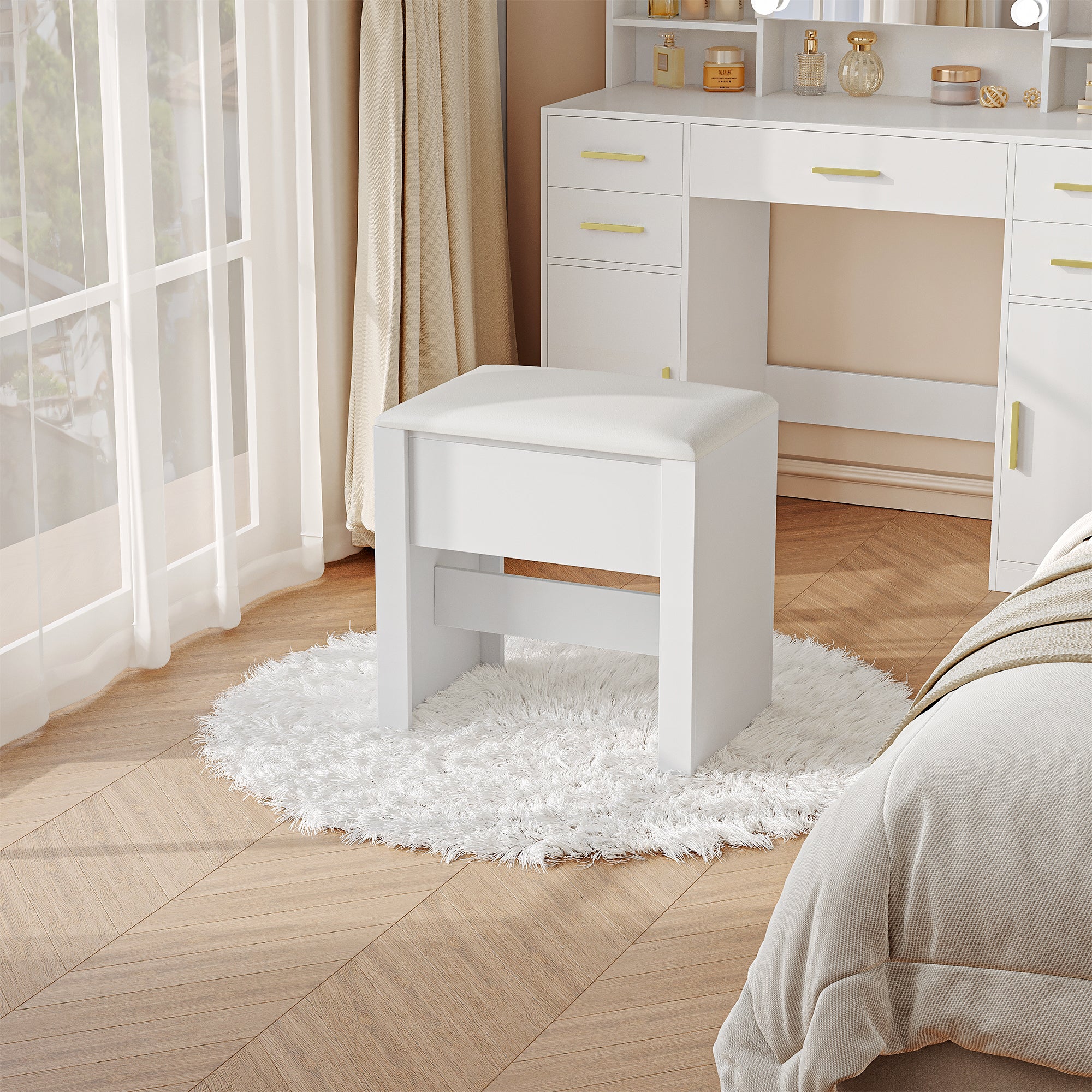 HEXCELEN Vanity Stool, Padded Seating Stool, Makeup Stool with Non-Slip Foot Pads, Suitable for Dressing Room, Bedroom, Entrance Area, 30 x 40 x 44 cm, White，004103X