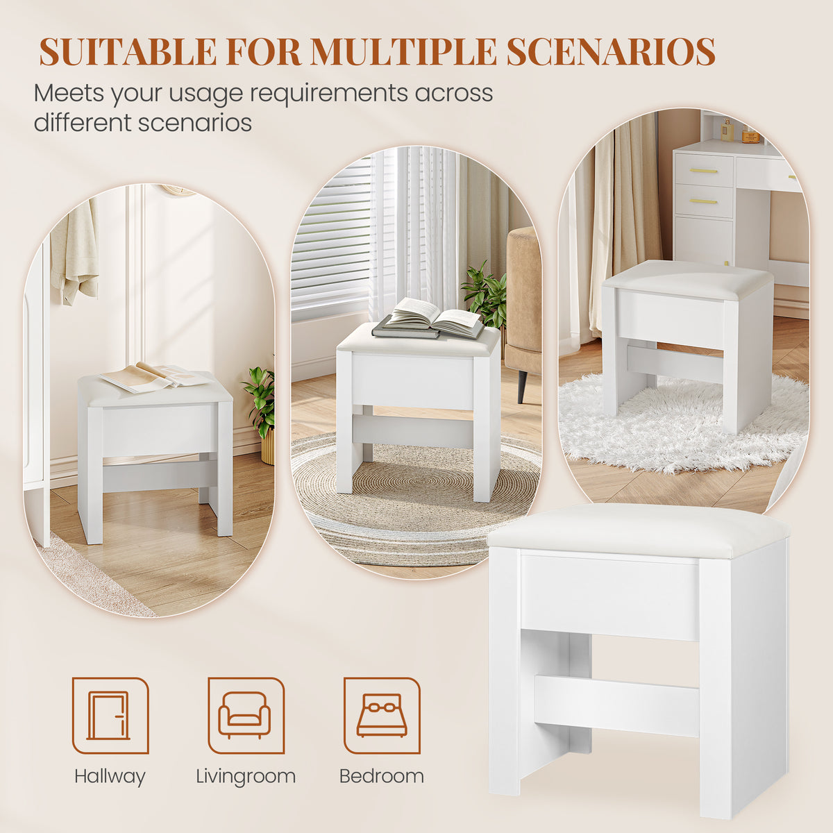 HEXCELEN Vanity Stool, Padded Seating Stool, Makeup Stool with Non-Slip Foot Pads, Suitable for Dressing Room, Bedroom, Entrance Area, 30 x 40 x 44 cm, White，004103X