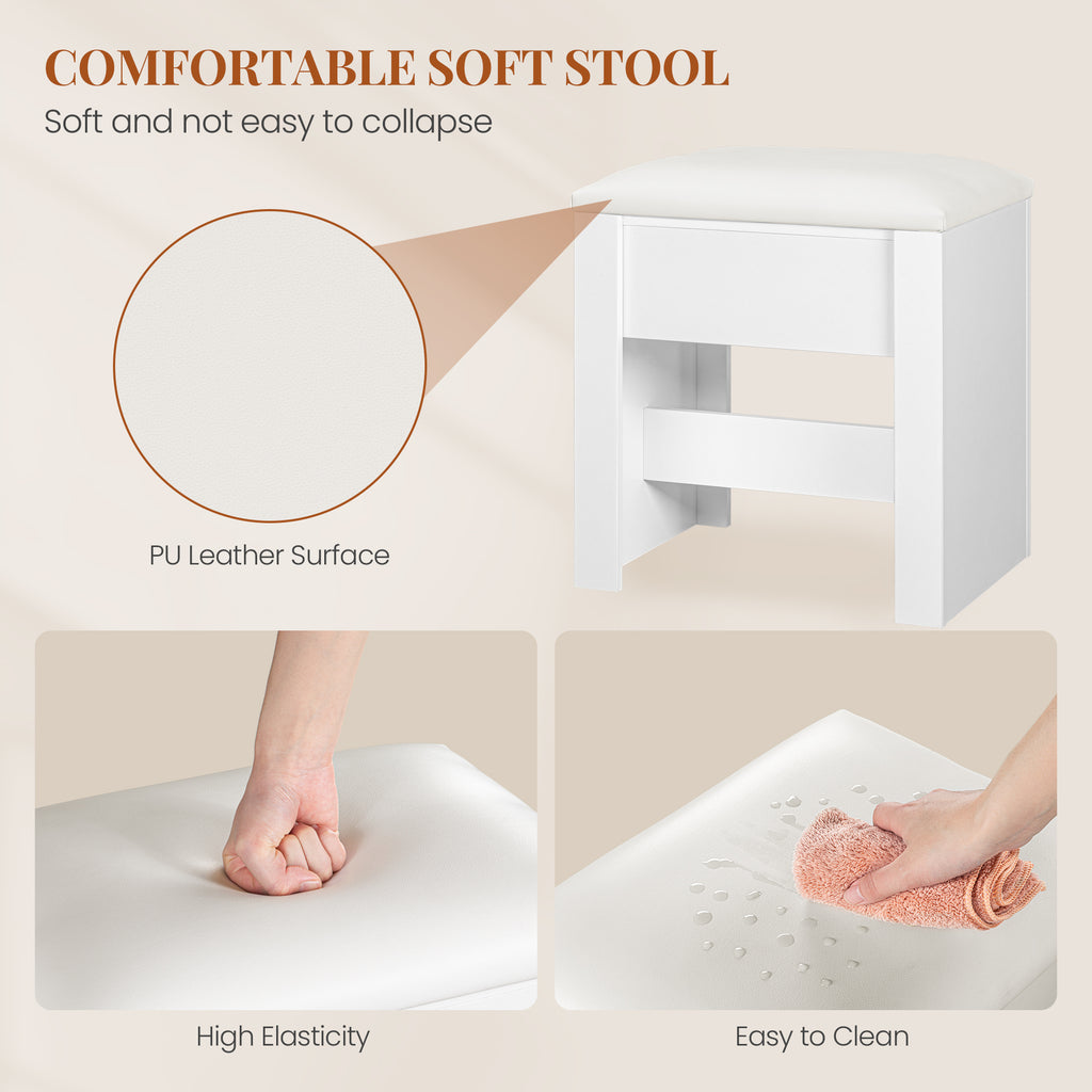 HEXCELEN Vanity Stool, Padded Seating Stool, Makeup Stool with Non-Slip Foot Pads, Suitable for Dressing Room, Bedroom, Entrance Area, 30 x 40 x 44 cm, White，004103X