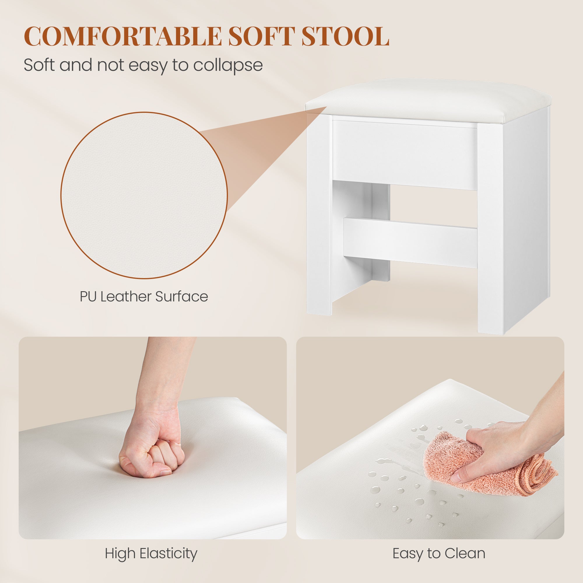 HEXCELEN Vanity Stool, Padded Seating Stool, Makeup Stool with Non-Slip Foot Pads, Suitable for Dressing Room, Bedroom, Entrance Area, 30 x 40 x 44 cm, White，004103X