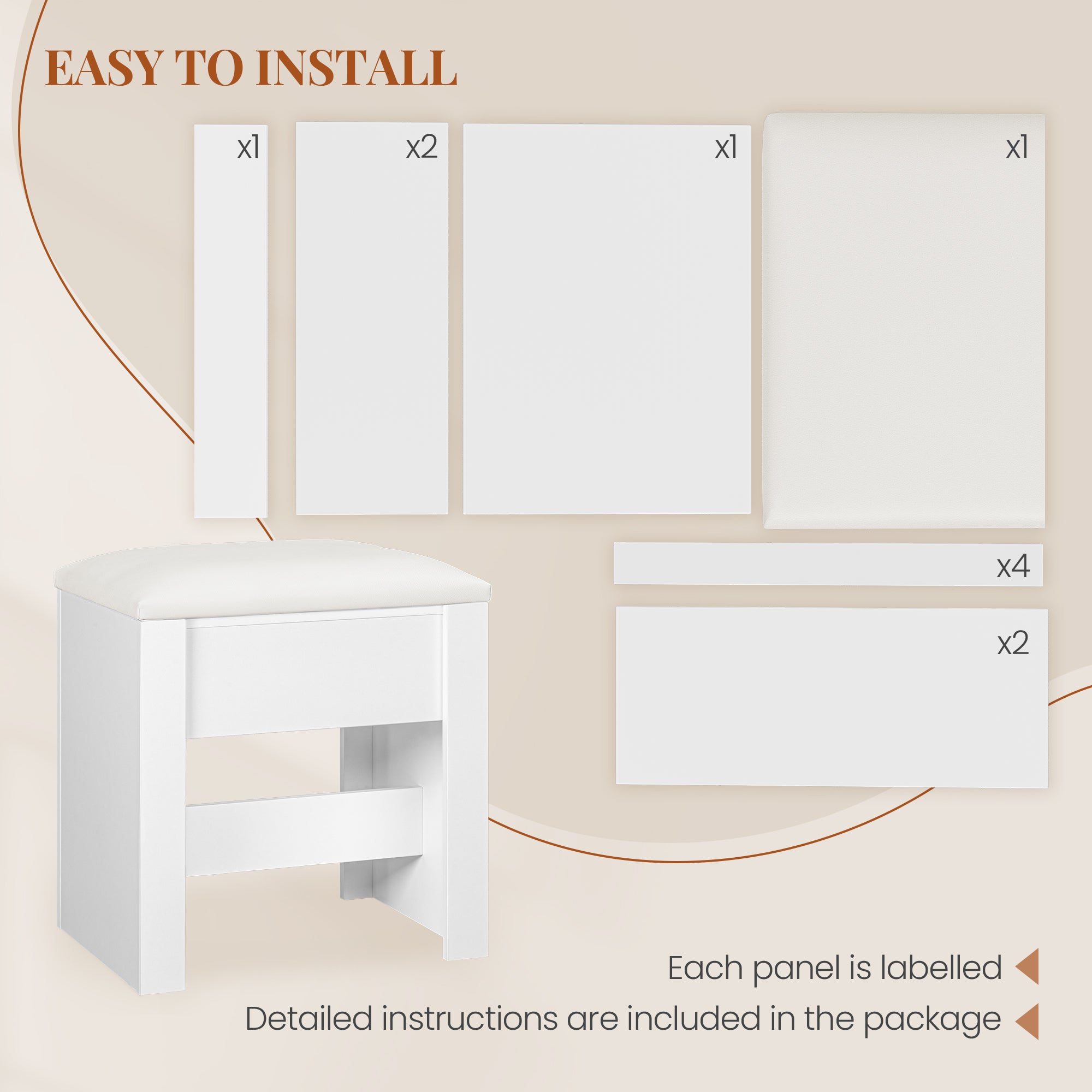 HEXCELEN Vanity Stool, Padded Seating Stool, Makeup Stool with Non-Slip Foot Pads, Suitable for Dressing Room, Bedroom, Entrance Area, 30 x 40 x 44 cm, White，004103X
