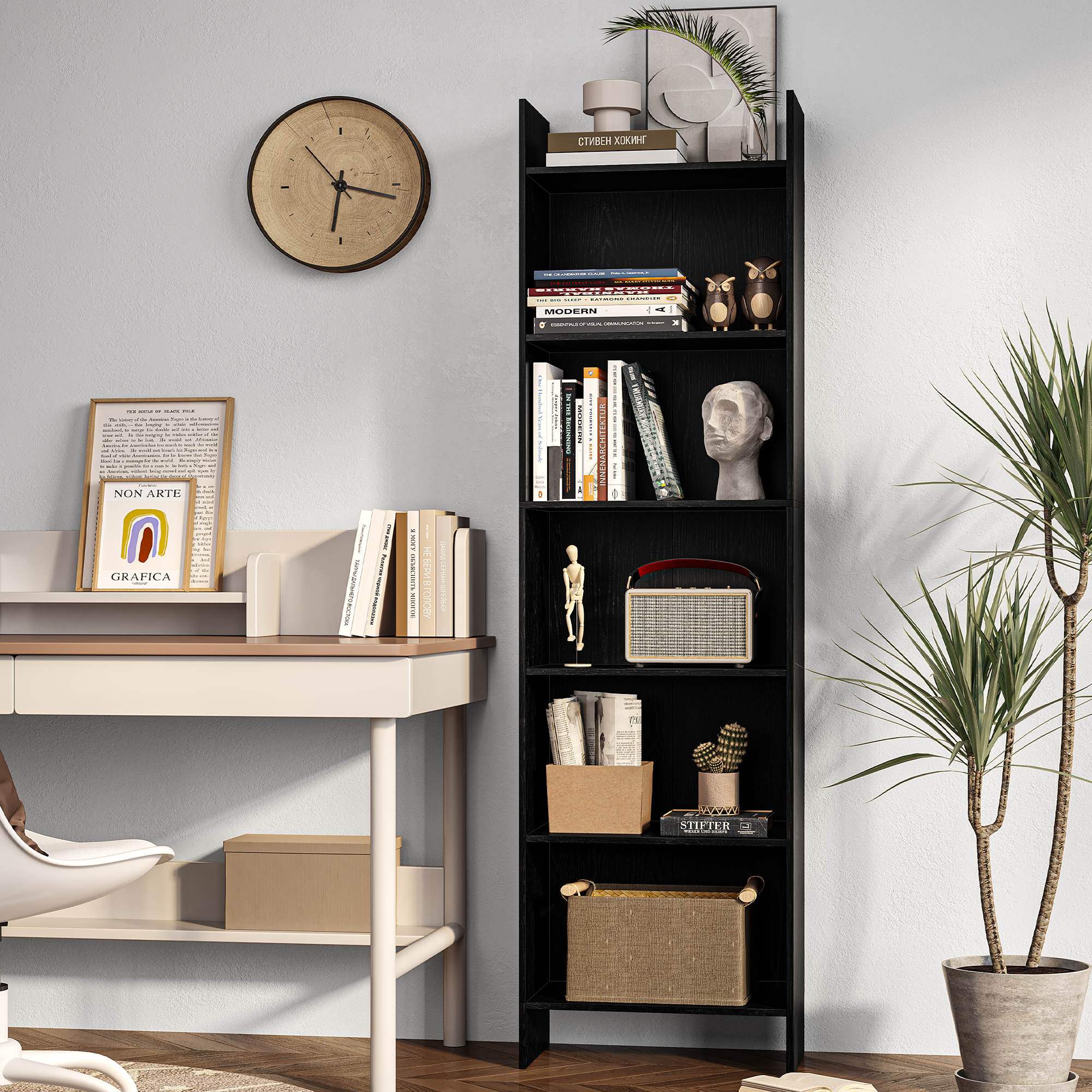 Hzuaneri Bookcase, 6 tier Bookshelf, White Bookcases Free Standing with Shelf Unit, Home Decor Furniture for Living Room, Home Office, Bedroom, Study, 24 x 48 x 170 cm, Black 01104XBC
