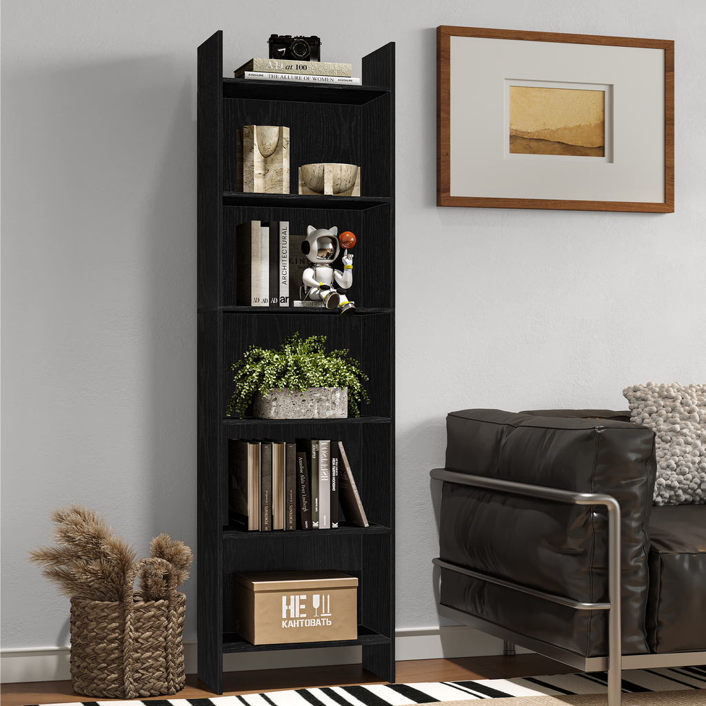 Hzuaneri Bookcase, 6 tier Bookshelf, White Bookcases Free Standing with Shelf Unit, Home Decor Furniture for Living Room, Home Office, Bedroom, Study, 24 x 48 x 170 cm, Black 01104XBC