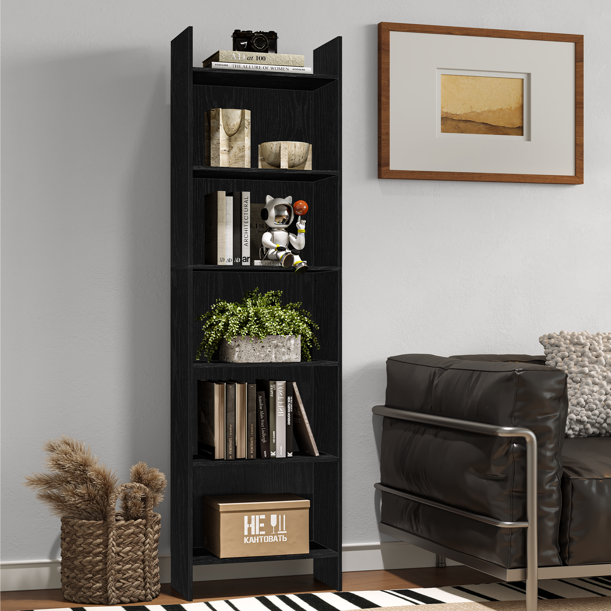 Hzuaneri Bookcase, 6 tier Bookshelf, White Bookcases Free Standing with Shelf Unit, Home Decor Furniture for Living Room, Home Office, Bedroom, Study, 24 x 48 x 170 cm, Black 01104XBC