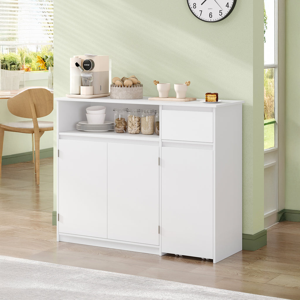 HEXCELEN Sideboard, Kitchen Cabinet, Storage Cabinet with Rolling Cart, Drawers and Adjustable Shelves for Dining Room, Kitchen and Living Room, Modern, 35 x 100 x 80 cm, White，0121203X