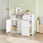 HEXCELEN Sideboard, Kitchen Cabinet, Storage Cabinet with Rolling Cart, Drawers and Adjustable Shelves for Dining Room, Kitchen and Living Room, Modern, 35 x 100 x 80 cm, White，0121203X