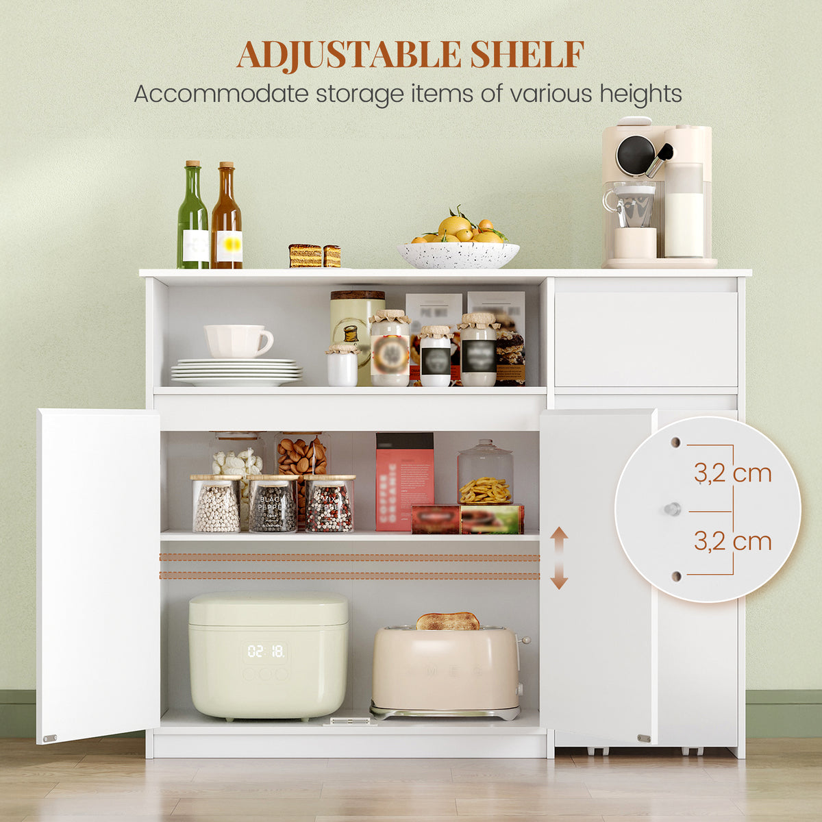 HEXCELEN Sideboard, Kitchen Cabinet, Storage Cabinet with Rolling Cart, Drawers and Adjustable Shelves for Dining Room, Kitchen and Living Room, Modern, 35 x 100 x 80 cm, White，0121203X