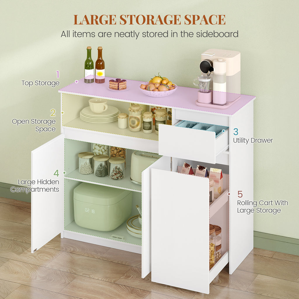 HEXCELEN Sideboard, Kitchen Cabinet, Storage Cabinet with Rolling Cart, Drawers and Adjustable Shelves for Dining Room, Kitchen and Living Room, Modern, 35 x 100 x 80 cm, White，0121203X