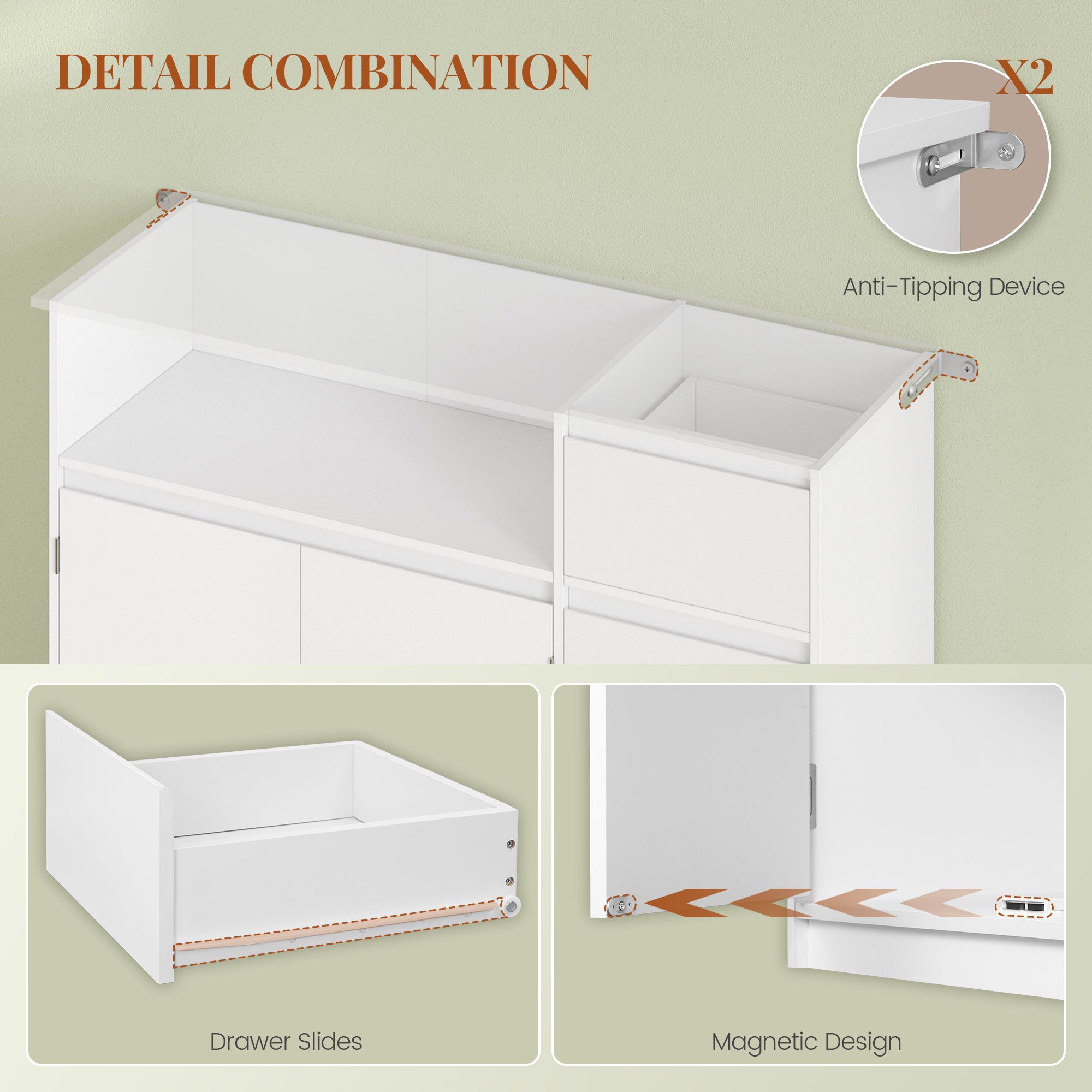 HEXCELEN Sideboard, Kitchen Cabinet, Storage Cabinet with Rolling Cart, Drawers and Adjustable Shelves for Dining Room, Kitchen and Living Room, Modern, 35 x 100 x 80 cm, White，0121203X