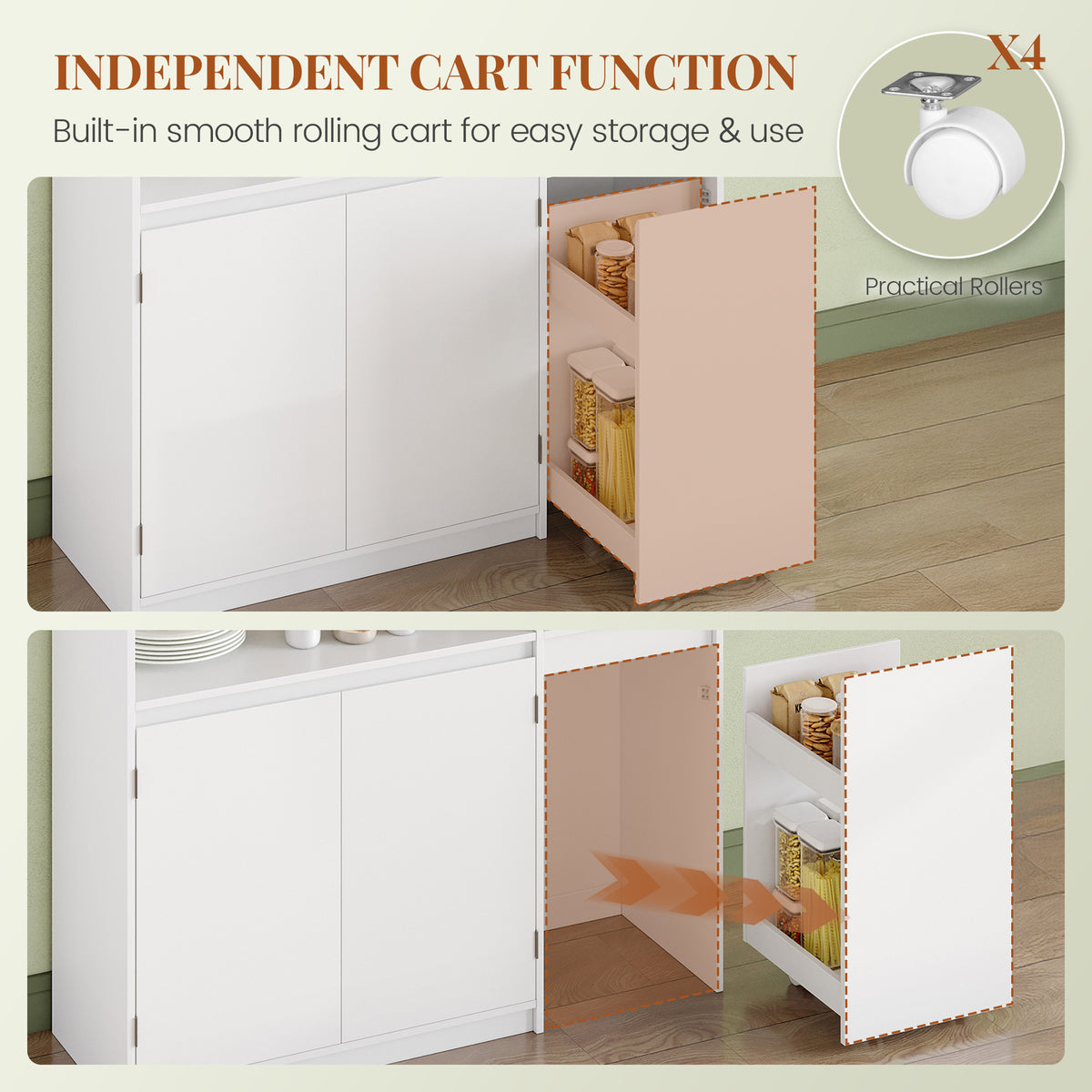 HEXCELEN Sideboard, Kitchen Cabinet, Storage Cabinet with Rolling Cart, Drawers and Adjustable Shelves for Dining Room, Kitchen and Living Room, Modern, 35 x 100 x 80 cm, White，0121203X