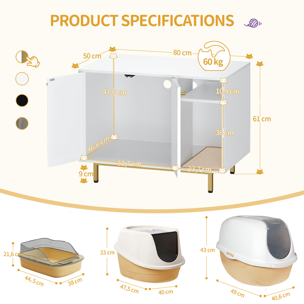 Hzuaneri Cat Litter Box Enclosure Enclosed, Hidden Litter Box Cabinet Furniture with Storage, White and Gold