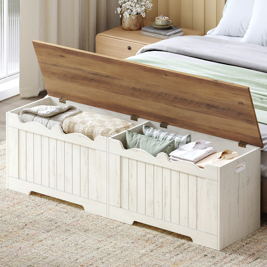 Hzuaneri 59" Storage Chest, Storage Bench Trunk with 2 Hinges, Wooden Box, Lift-Top Chest Organizer, Shoe Bench for Entryway, Bedroom, Living Room, Rustic White SB01514X