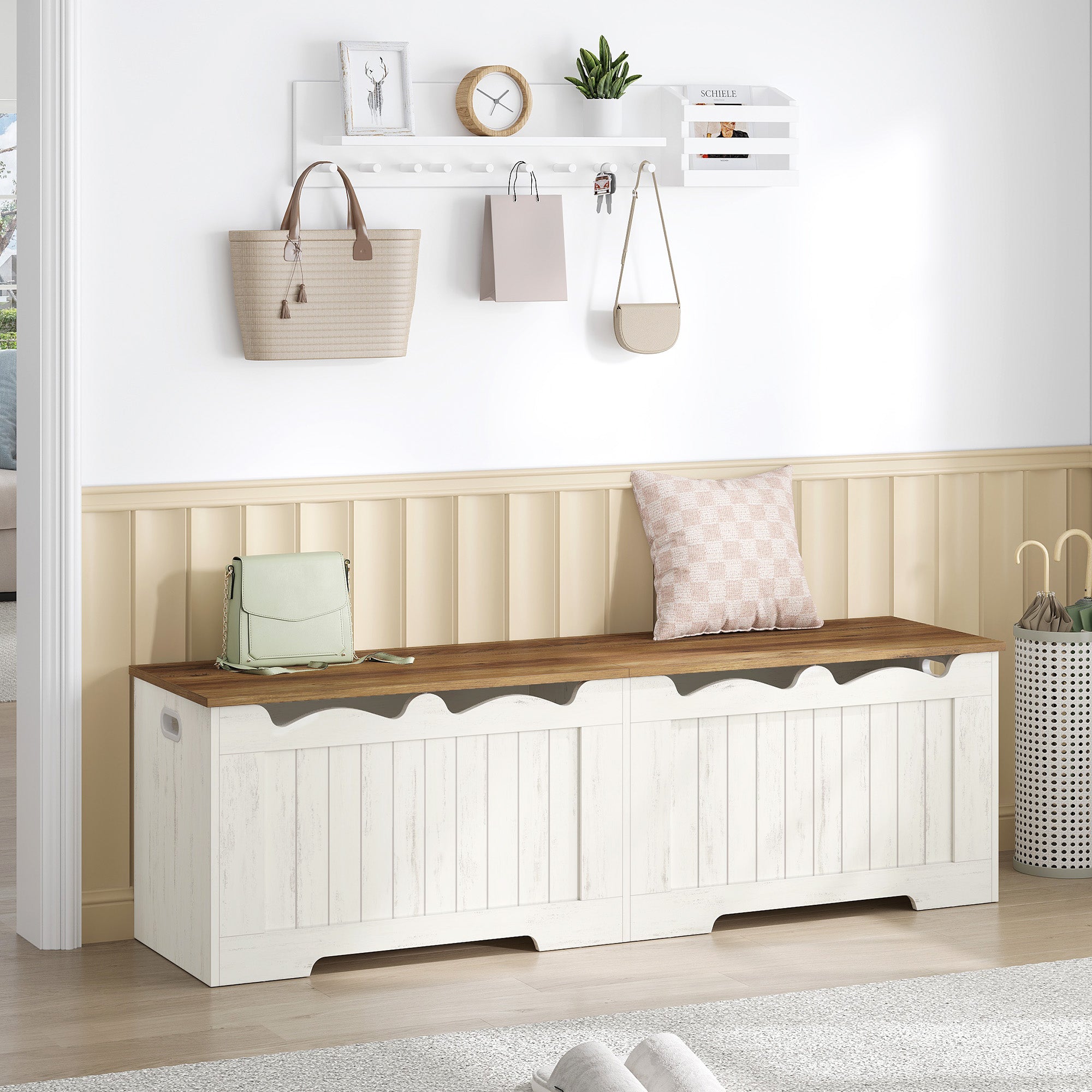 Hzuaneri 59" Storage Chest, Storage Bench Trunk with 2 Hinges, Wooden Box, Lift-Top Chest Organizer, Shoe Bench for Entryway, Bedroom, Living Room, Rustic White SB01514X