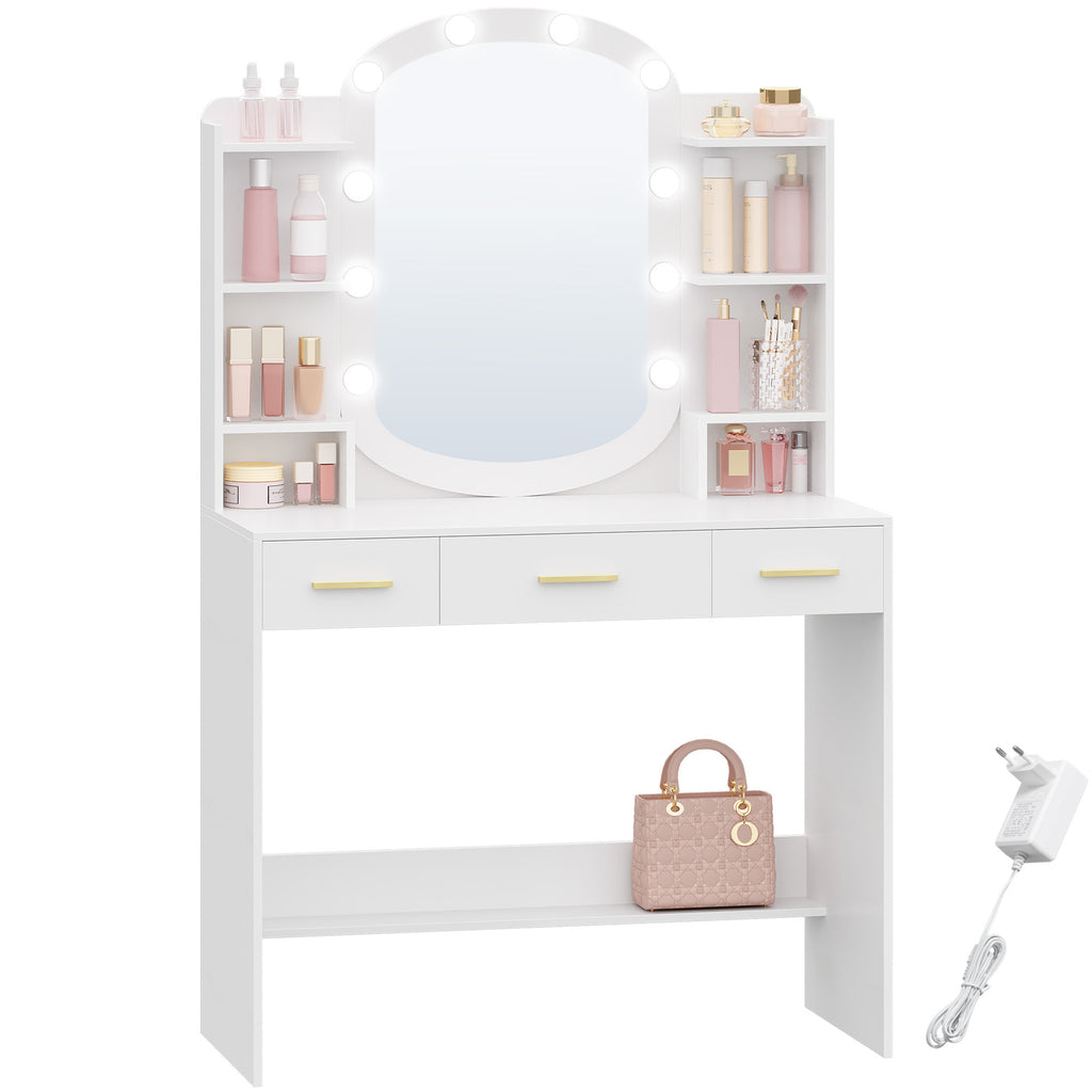 HEXCELEN Dressing Table with Oval Mirror, Vanity Table, Drawers with Open Compartments, for Bedroom and Dressing Room, 40 × 90 × 144 cm White，090103X