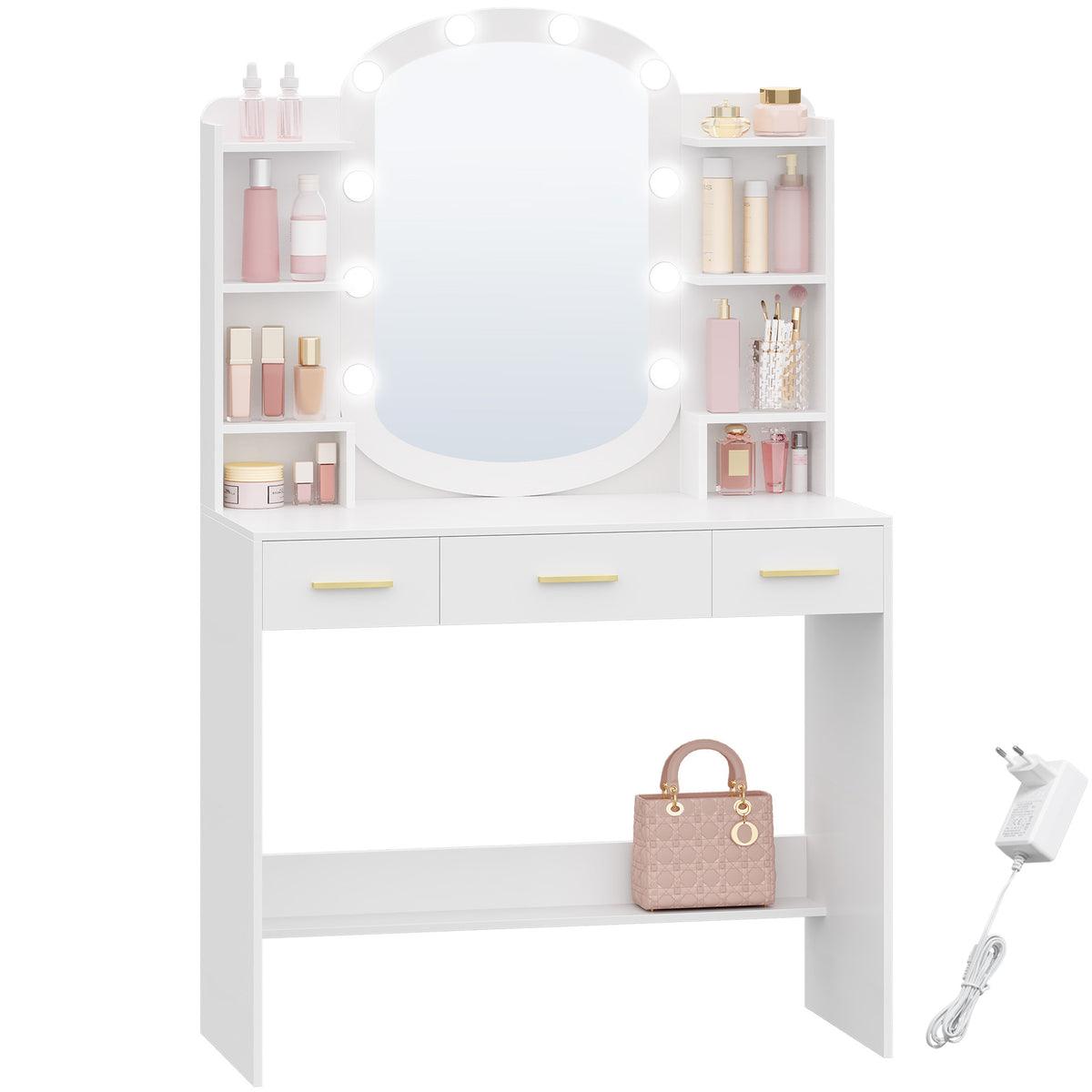 HEXCELEN Dressing Table with Oval Mirror, Vanity Table, Drawers with Open Compartments, for Bedroom and Dressing Room, 40 × 90 × 144 cm White，090103X