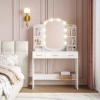 HEXCELEN Dressing Table with Oval Mirror, Vanity Table, Drawers with Open Compartments, for Bedroom and Dressing Room, 40 × 90 × 144 cm White，090103X