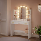 HEXCELEN Dressing Table with Oval Mirror, Vanity Table, Drawers with Open Compartments, for Bedroom and Dressing Room, 40 × 90 × 144 cm White，090103X