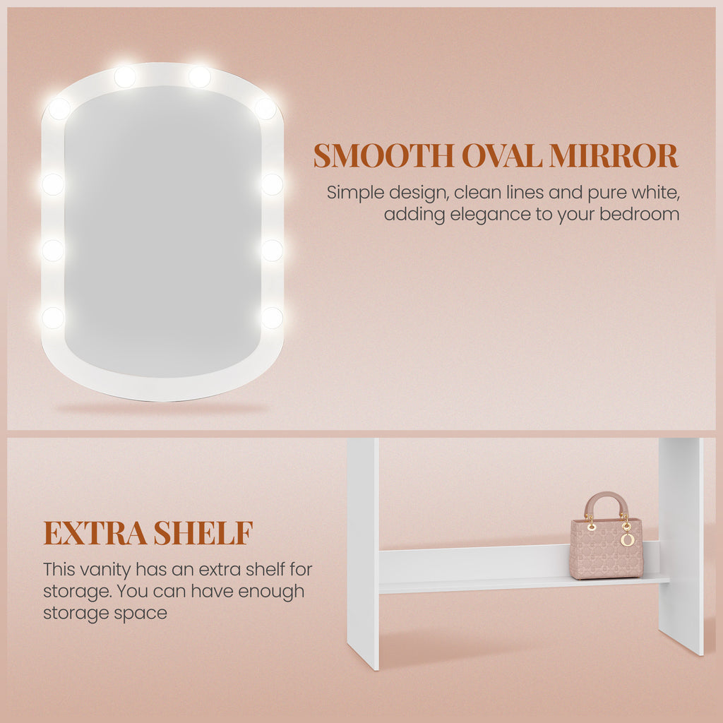 HEXCELEN Dressing Table with Oval Mirror, Vanity Table, Drawers with Open Compartments, for Bedroom and Dressing Room, 40 × 90 × 144 cm White，090103X