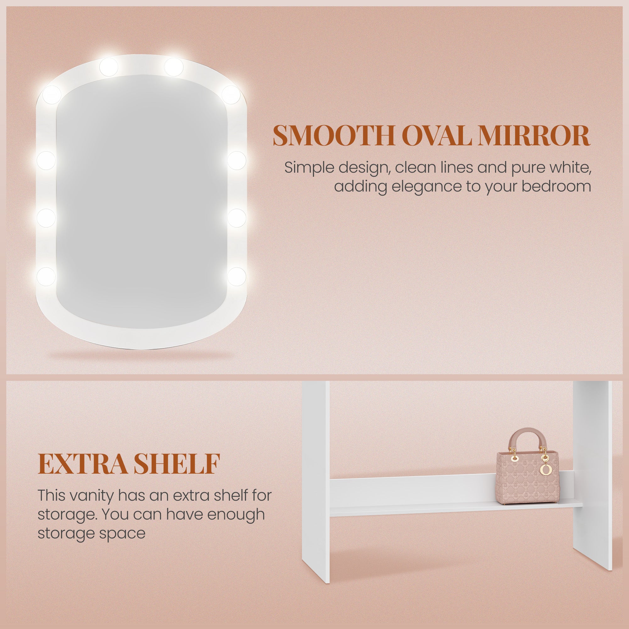 HEXCELEN Dressing Table with Oval Mirror, Vanity Table, Drawers with Open Compartments, for Bedroom and Dressing Room, 40 × 90 × 144 cm White，090103X
