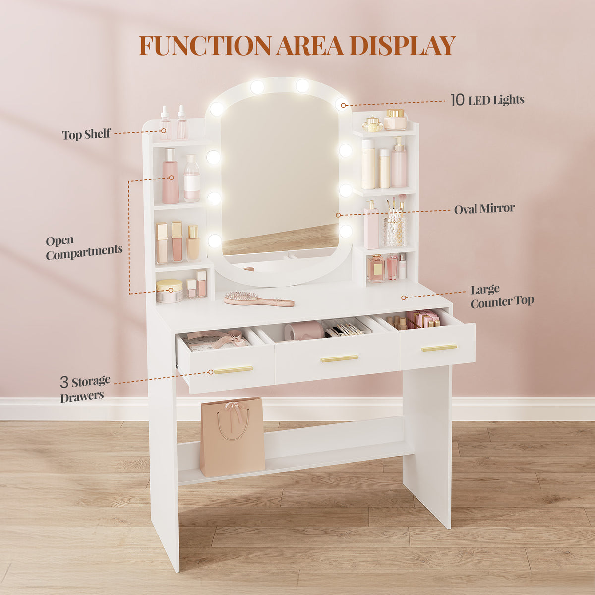HEXCELEN Dressing Table with Oval Mirror, Vanity Table, Drawers with Open Compartments, for Bedroom and Dressing Room, 40 × 90 × 144 cm White，090103X