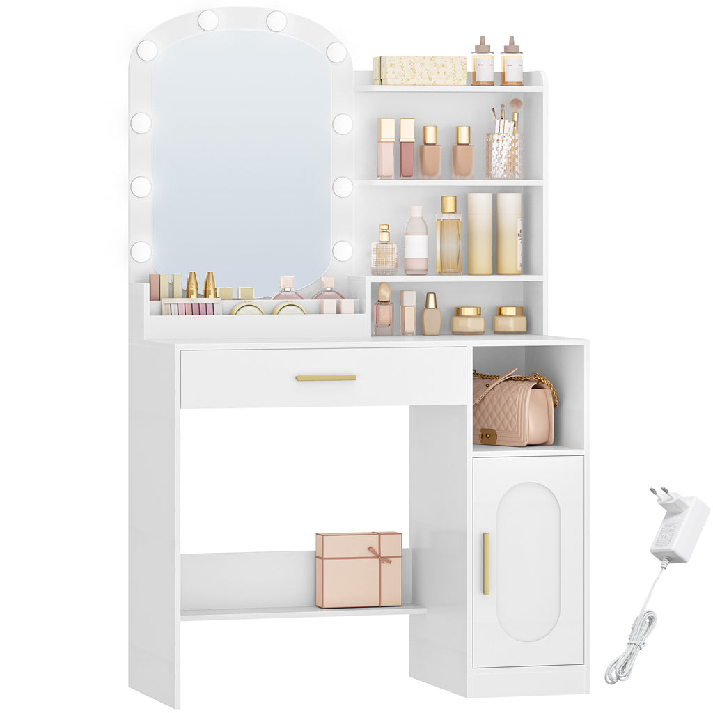 HEXCELEN dressing table with oval mirror, vanity table, dressing table with drawers, storage cabinet and open compartments, white，090203X