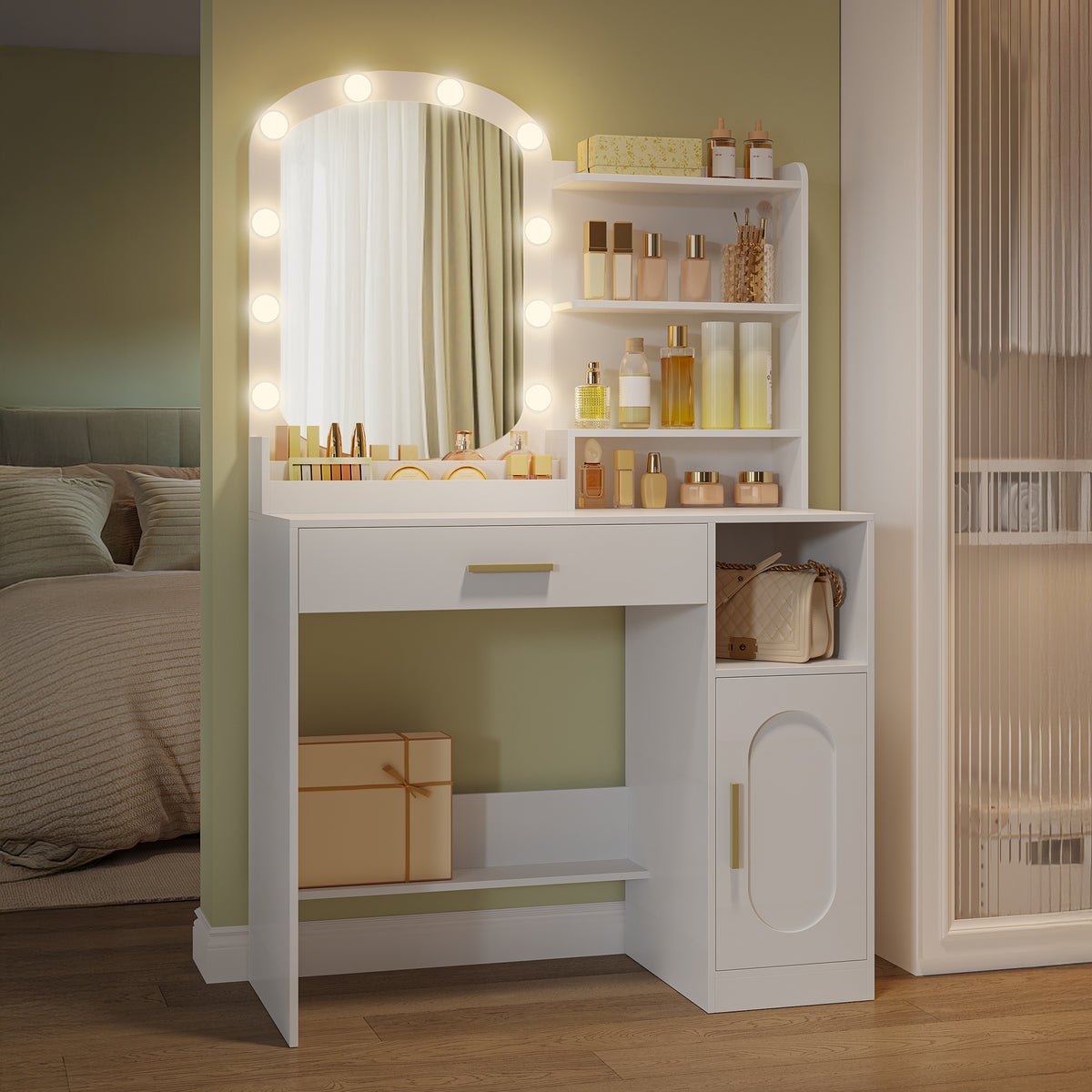 HEXCELEN dressing table with oval mirror, vanity table, dressing table with drawers, storage cabinet and open compartments, white，090203X