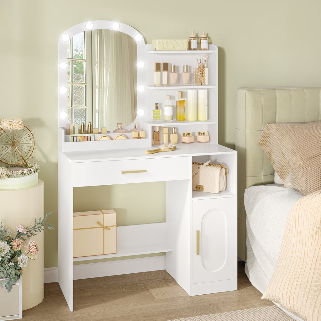 HEXCELEN dressing table with oval mirror, vanity table, dressing table with drawers, storage cabinet and open compartments, white，090203X