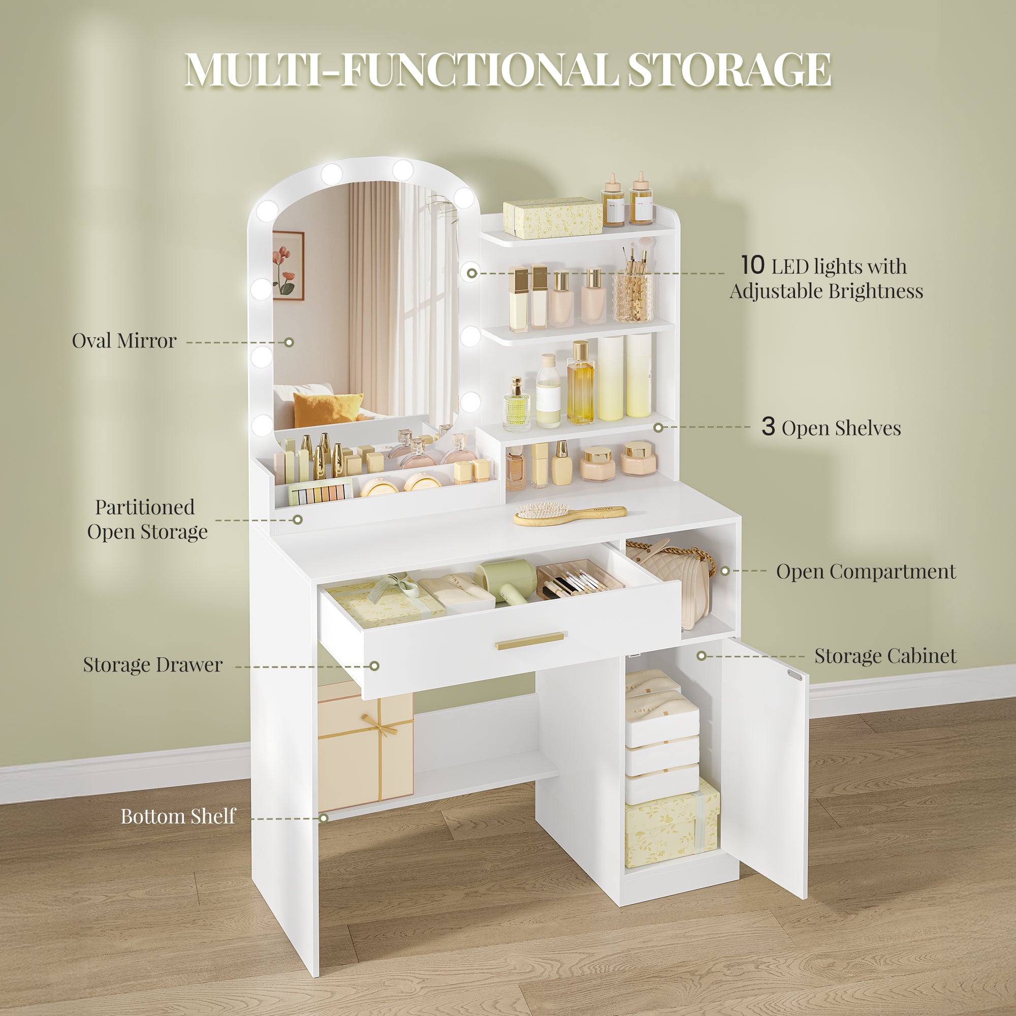 HEXCELEN dressing table with oval mirror, vanity table, dressing table with drawers, storage cabinet and open compartments, white，090203X