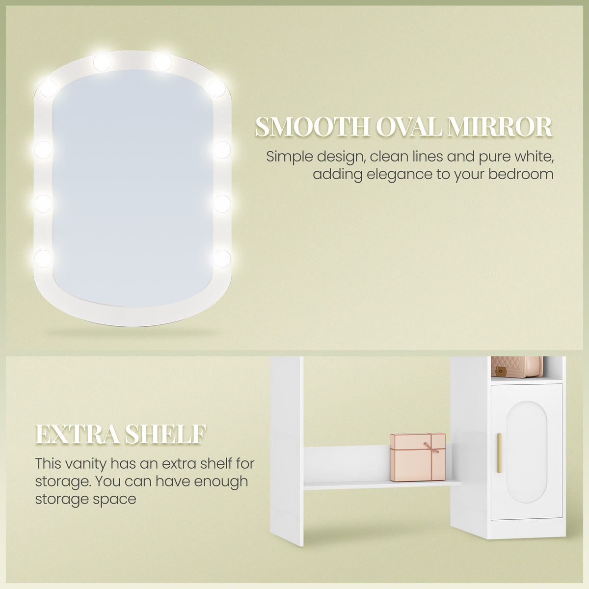 HEXCELEN dressing table with oval mirror, vanity table, dressing table with drawers, storage cabinet and open compartments, white，090203X
