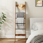 Hzuaneri 6-Tier Blanket Ladder with Hooks, 5.6Ft Wall Leaning Blanket Ladder, 4 Removable Hooks for Living Room, Bedroom Bathroom, Decorative Quilt Rack Easy to Assemble, Rustic Brown