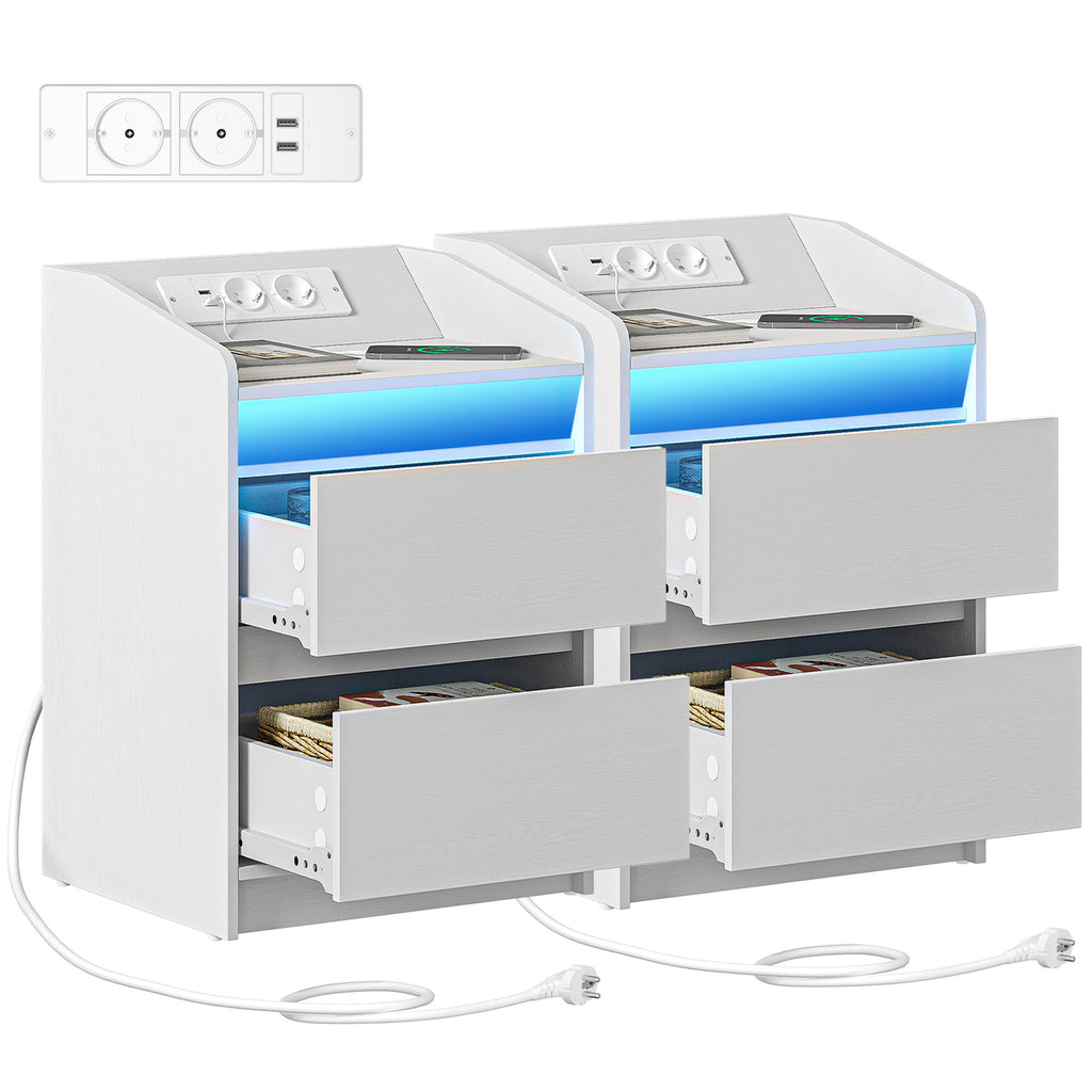 HEXCELEN Nightstand Set of 2 with LED Lights & Charging Station, 2 Drawers, USB Ports & Outlets, White