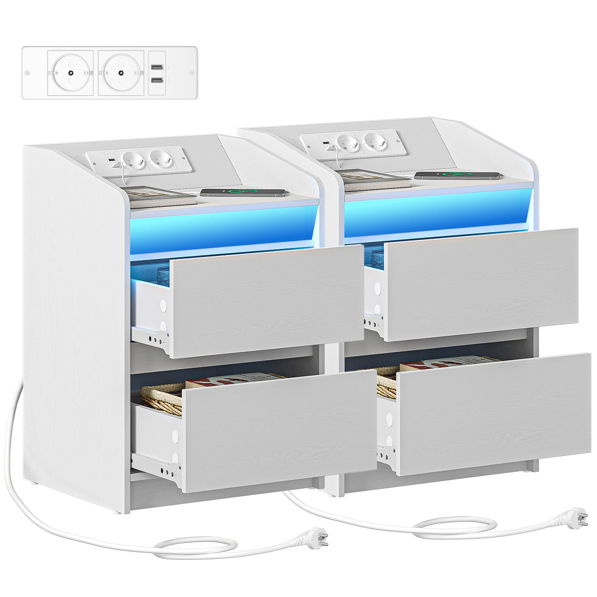 HEXCELEN Nightstand Set of 2 with LED Lights & Charging Station, 2 Drawers, USB Ports & Outlets, White