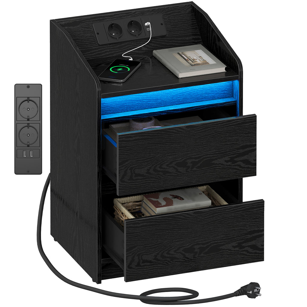 HEXCELEN Bedside Table with LED Lights & Charging Station, 2 Drawers, USB Ports and Power Outlets, Black