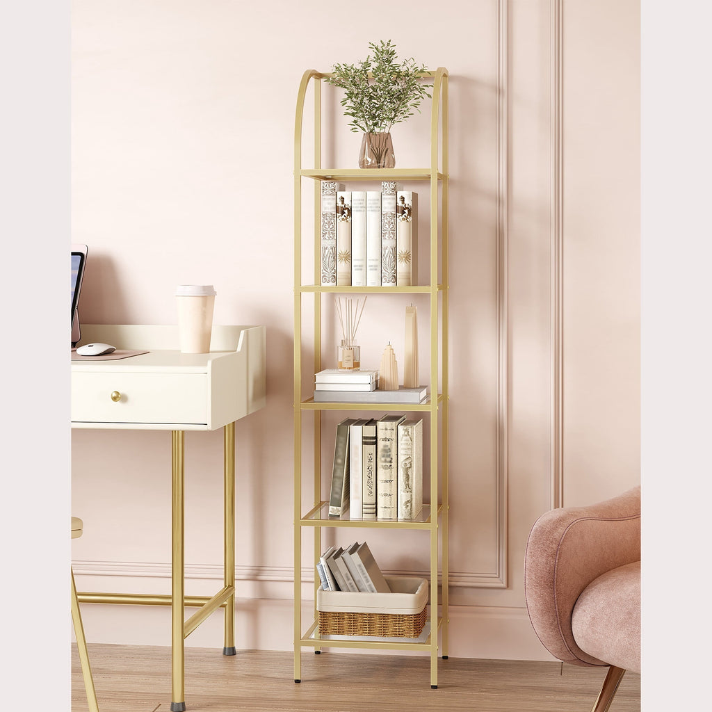 Hzuaneri 5-Tier Tall Bookshelf, Arched Bookcase with Tempered Glass Shelves, Modern Arched Display Racks for Bedroom, Bathroom, Home Office, Steel Frame, Gold, 11.8"D x 13.7"W x 59"H