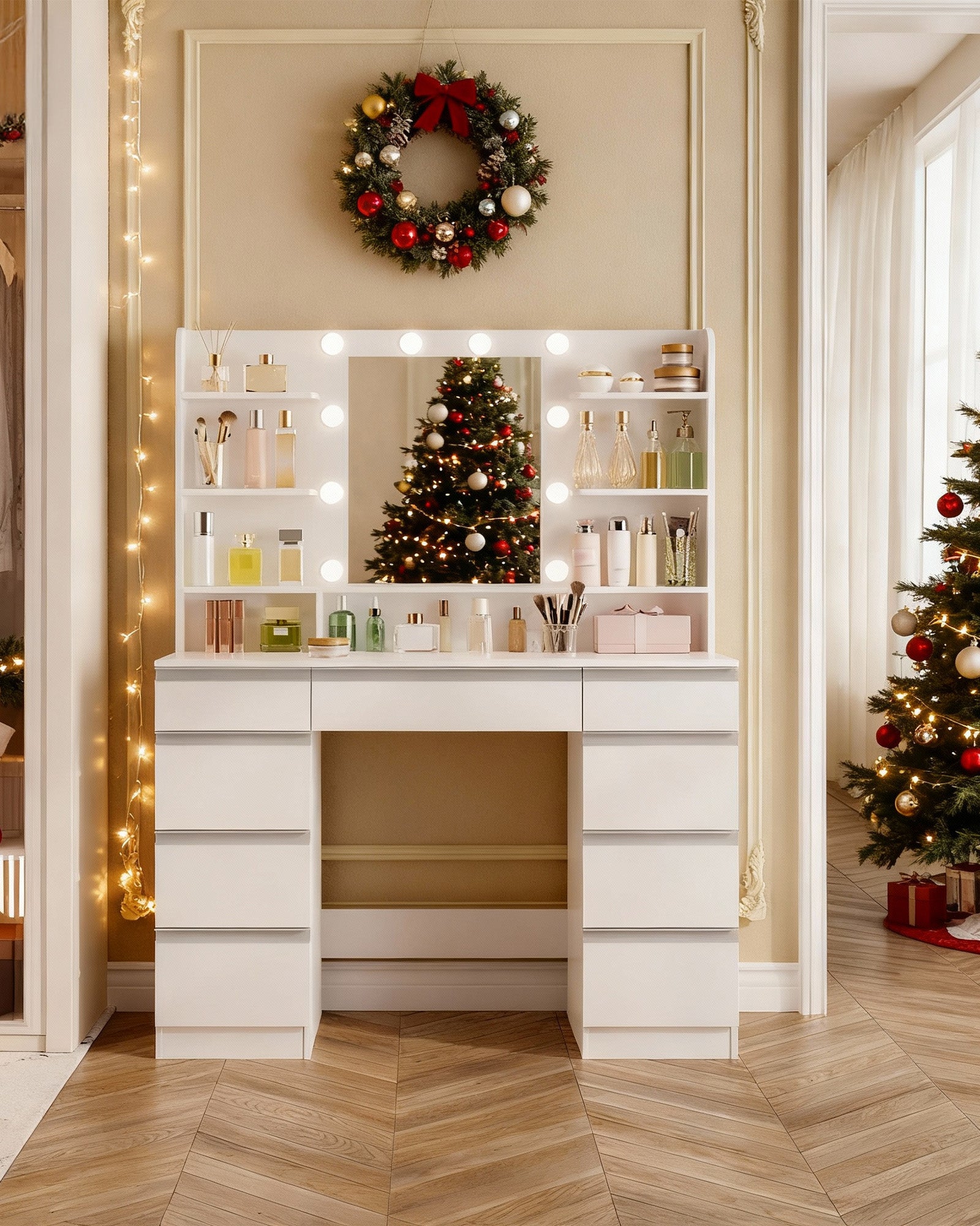 Hzuaneri Large Dressing Table with 10 LED Lights & Mirror, 9 Drawers, 9 Shelves, 3 Colors