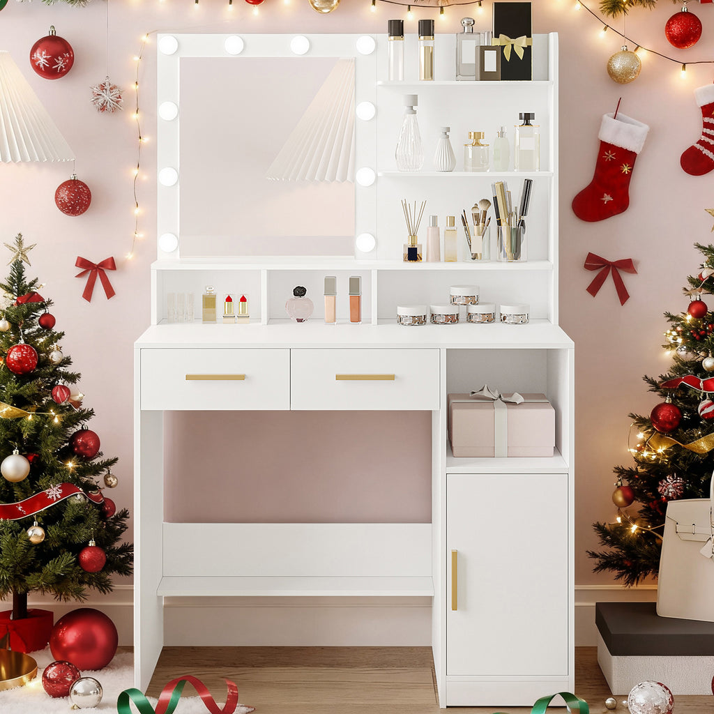 HEXCELEN Dressing Table with LED Lights Mirror, Adjustable Brightness, 2 Drawers & Cabinet, White