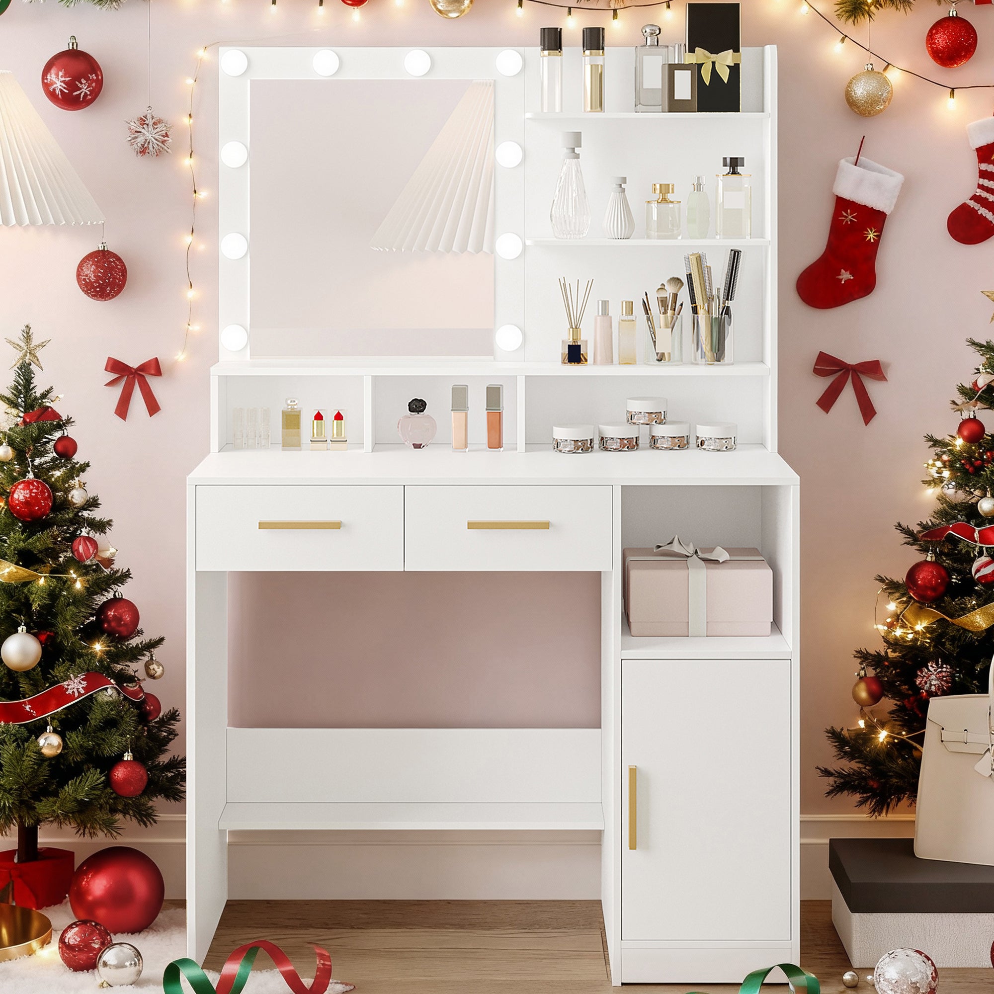 HEXCELEN Dressing Table with LED Lights Mirror, Adjustable Brightness, 2 Drawers & Cabinet, White