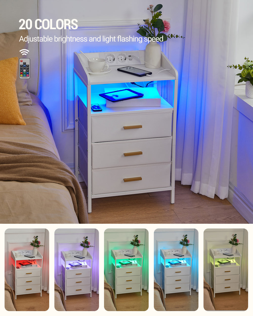 HEXCELEN Bedside Table with LED Lights & Charging Station, 3 Fabric Drawers, USB Ports & Power Outlets, White