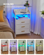 HEXCELEN Bedside Table with LED Lights & Charging Station, 3 Fabric Drawers, USB Ports & Power Outlets, White