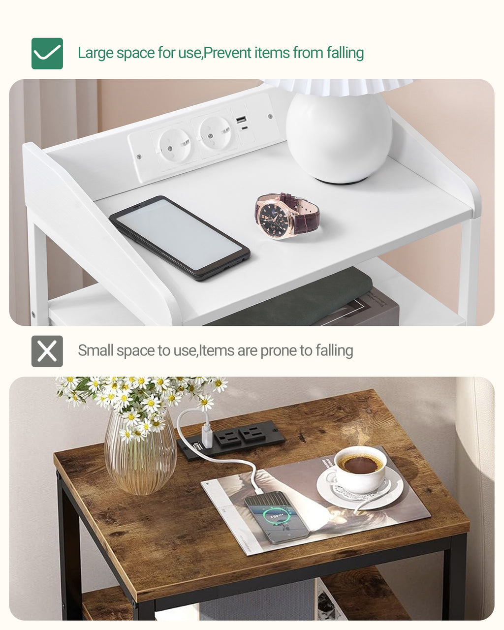HEXCELEN Bedside Table with LED Lights & Charging Station, 3 Fabric Drawers, USB Ports & Power Outlets, White