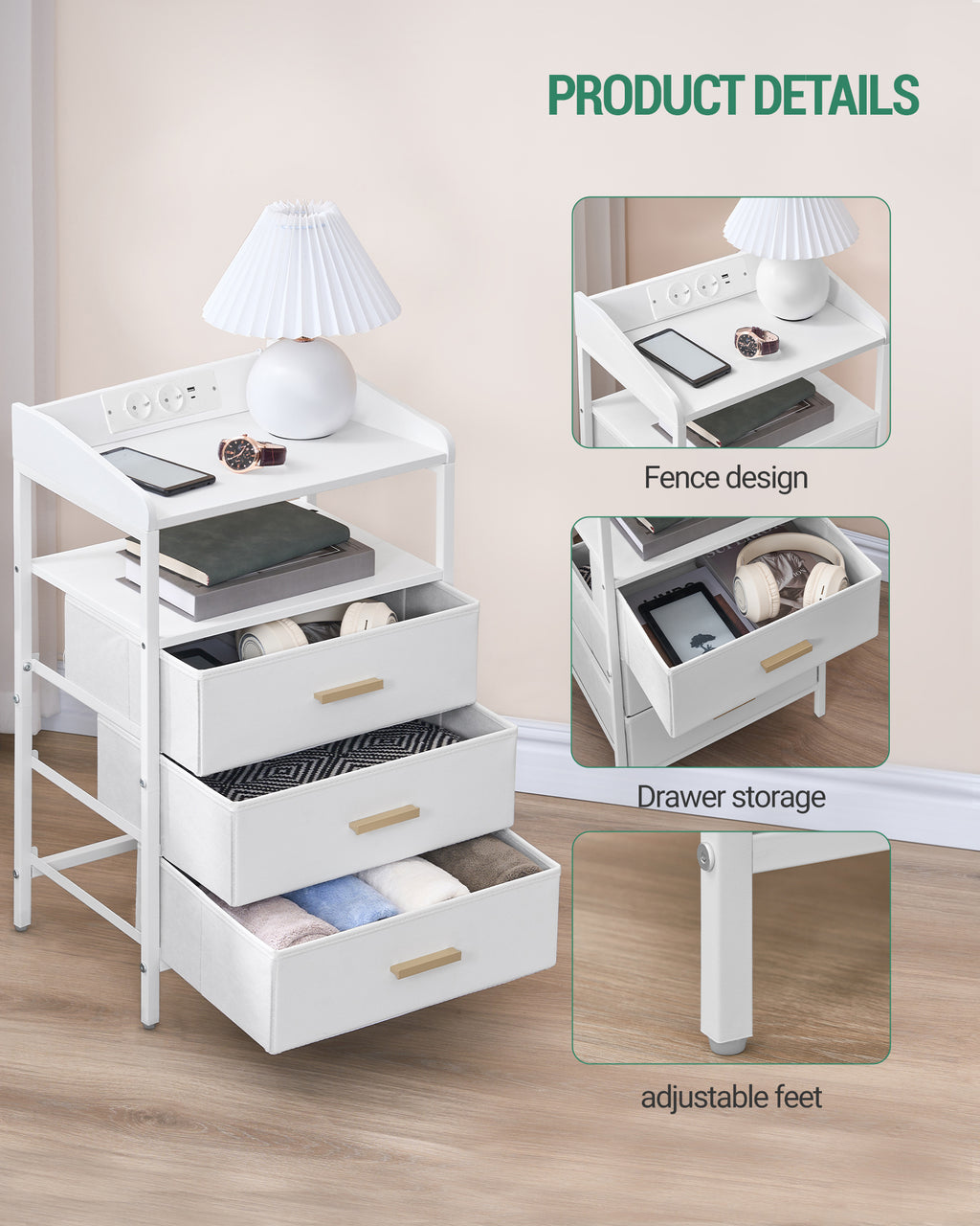 HEXCELEN Bedside Table with LED Lights & Charging Station, 3 Fabric Drawers, USB Ports & Power Outlets, White