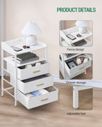 HEXCELEN Bedside Table with LED Lights & Charging Station, 3 Fabric Drawers, USB Ports & Power Outlets, White