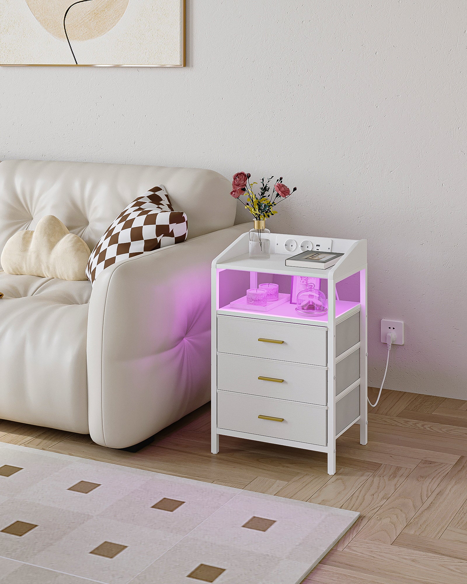 HEXCELEN Bedside Table with LED Lights & Charging Station, 3 Fabric Drawers, USB Ports & Power Outlets, White