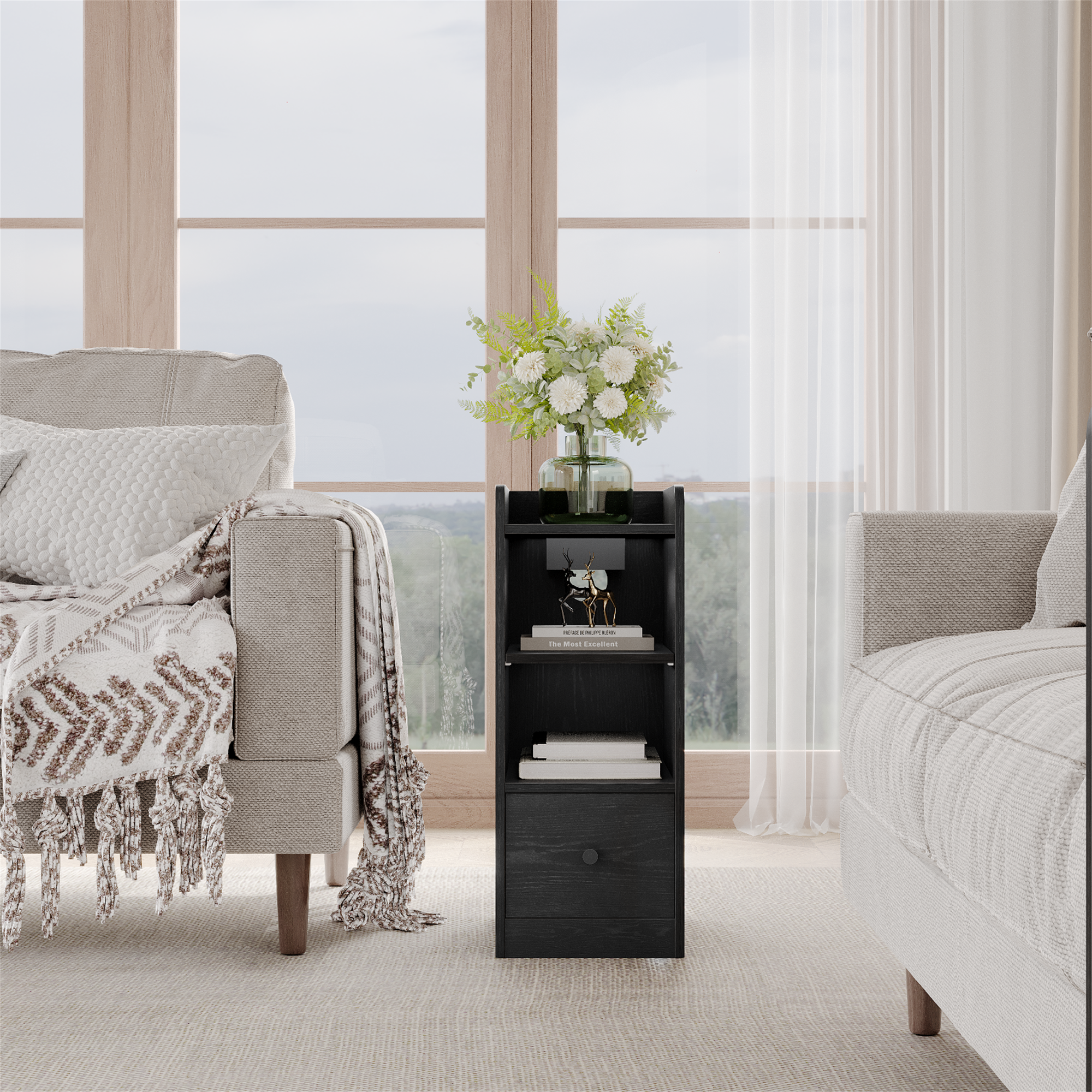 Hzuaneri Nightstands with Charging Station, USB & Type-C Ports, Narrow Side Tables, 3-Tier Storage Space with 1 Drawer—For Bedroom & Living Room, Black NS36404X
