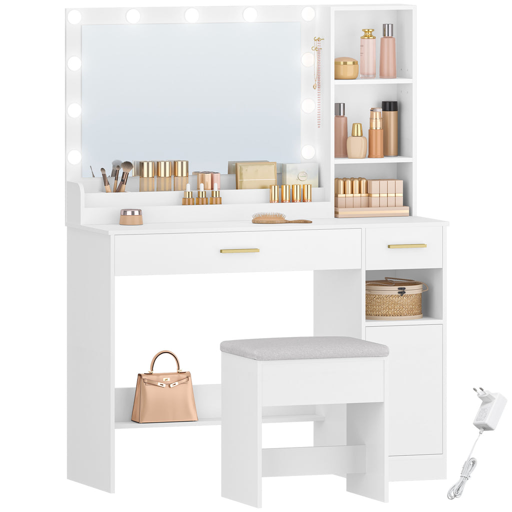 HEXCELEN Dressing Table with Stool, Large Mirror, Vanity Table with 2 Drawers, 4 Open Shelves and Cabinet, for Bedroom and Dressing Room, White,108103X