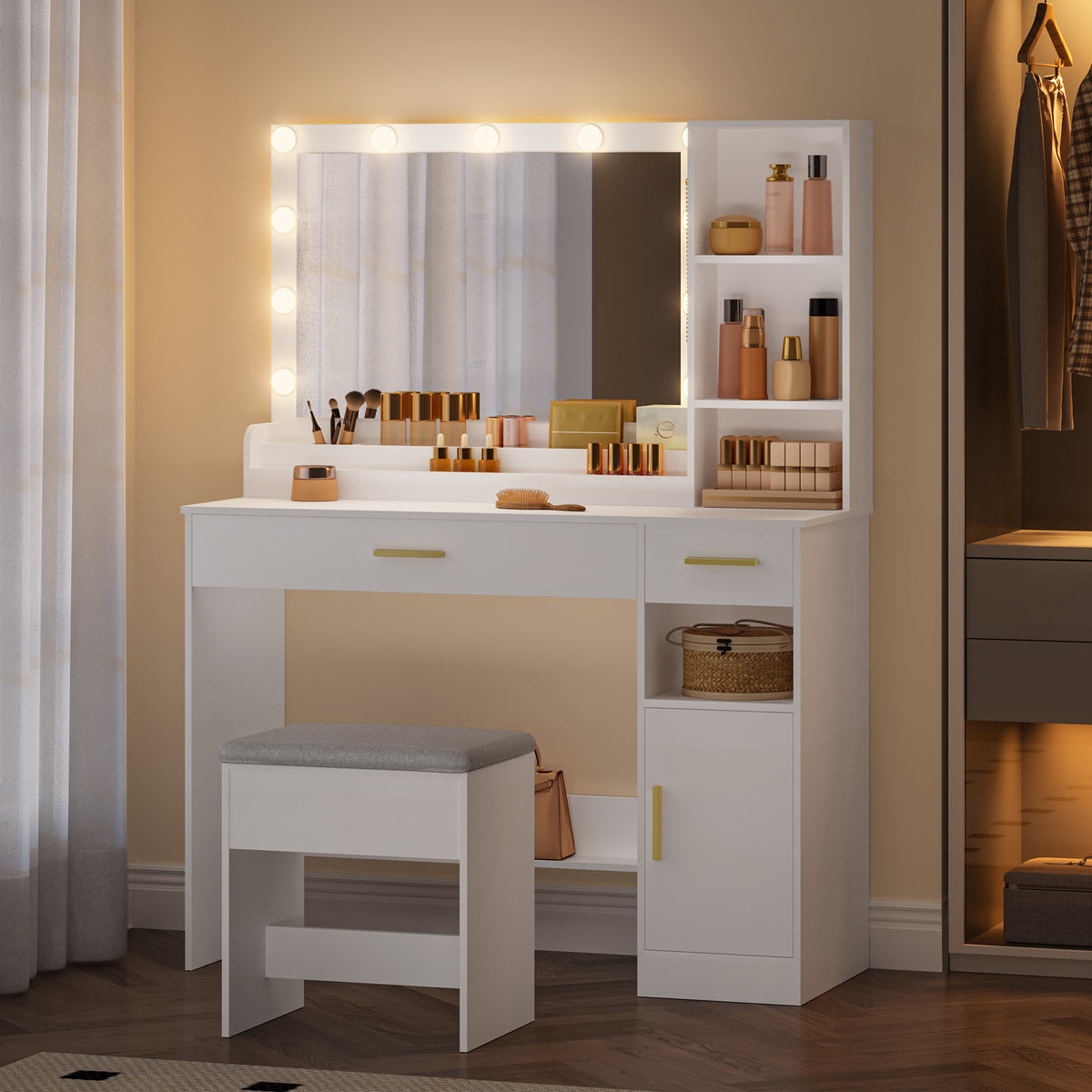 HEXCELEN Dressing Table with Stool, Large Mirror, Vanity Table with 2 Drawers, 4 Open Shelves and Cabinet, for Bedroom and Dressing Room, White,108103X