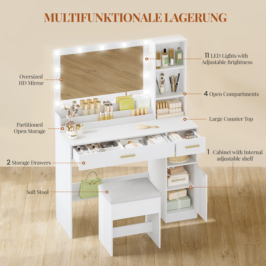 HEXCELEN Dressing Table with Stool, Large Mirror, Vanity Table with 2 Drawers, 4 Open Shelves and Cabinet, for Bedroom and Dressing Room, White,108103X